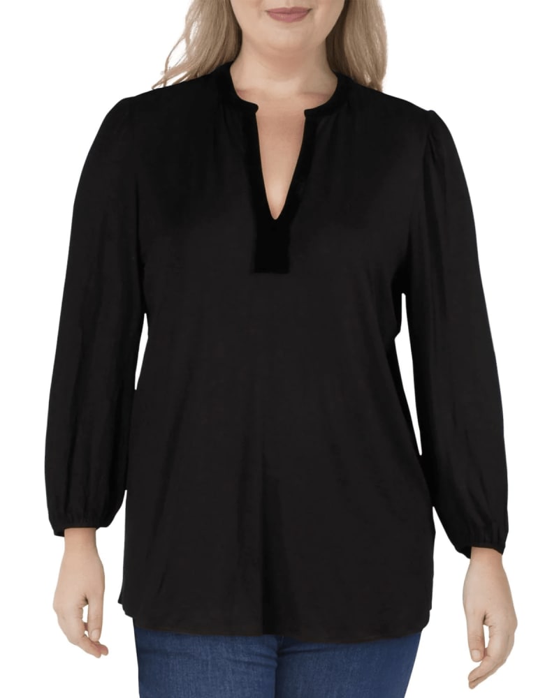 Front of a model wearing a size 1X Ralph Lauren Women's Plus Velvet Trim V-Neck Blouse Black Size 1X in Black by Ralph Lauren. | dia_product_style_image_id:311527
